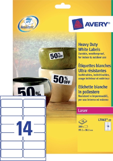 [811140] Etiquette film Avery L7063-20 99,1x38,1mm blanc 280 pièces