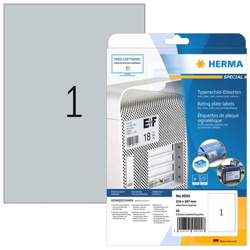 [810942] Etiket HERMA 4224 210x297mm weerbestendig zilver 25stuks