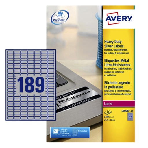 [817518] Etiquette  Avery L6008-20 25.4x10mm argent 3780 pièces
