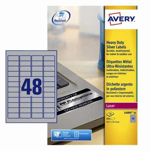 [817517] Etiquette Avery L6009-20 45,7x21,2mm argent 960 pièces