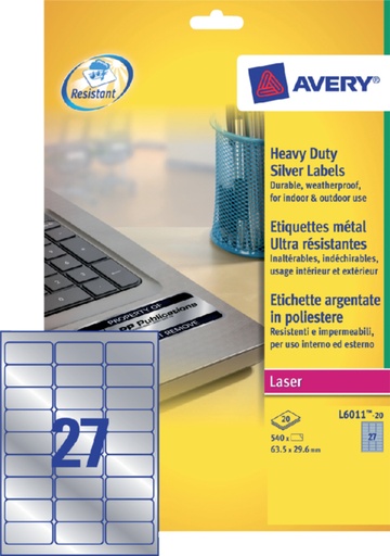 [817516] Etiket Avery L6011-20 63.5x29.6mm zilver 540stuk