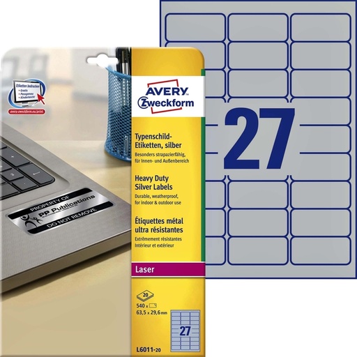 [817516] Etiket Avery L6011-20 63.5x29.6mm zilver 540stuk