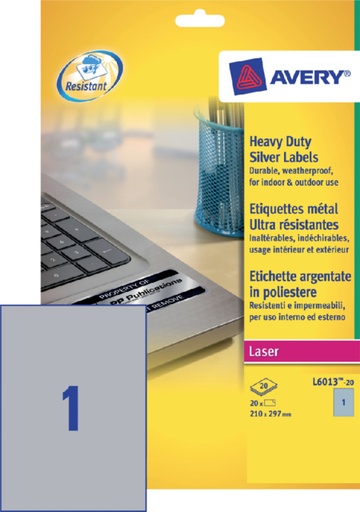 [817514] Etiket Avery L6013-20 210x297mm zilver 20stuks