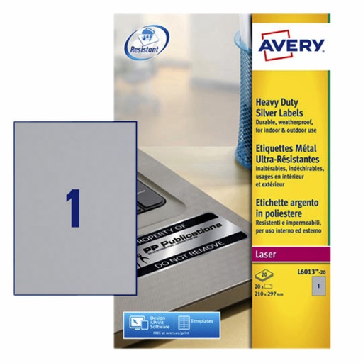 [817514] Etiquette Avery L6013-20 210x297mm argent 20 pièces