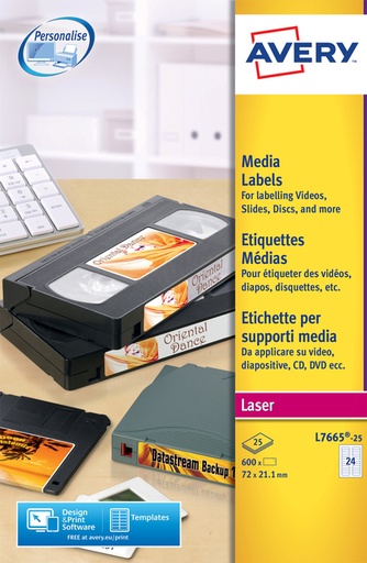 [817266] Etiquette Avery L7665-25 72x21,2mm Médias 600 pièces