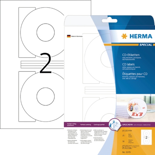 [816668] Etiket HERMA 8624 CD 116mm wit opaqua 20stuks