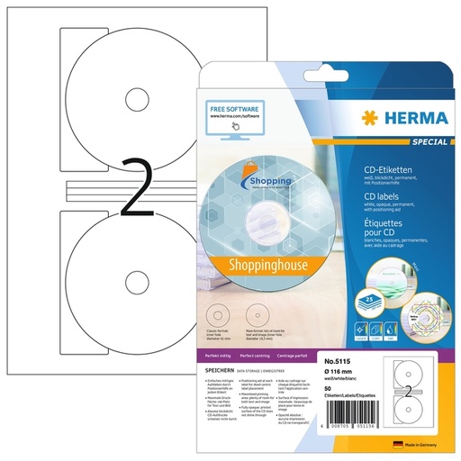 [817230] Etiket HERMA 5115 CD 116mm wit 50  stuks