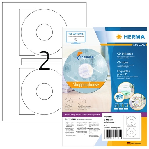 [817076] Etiket HERMA 4471 CD 116mm wit opaqua 200 stuks