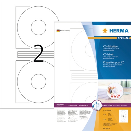 [817076] Etiket HERMA 4471 CD 116mm wit opaqua 200stuks