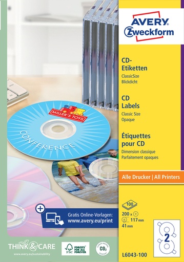 [817734] Etiket Avery Zweckform L6043-100 CD wit 200stuks
