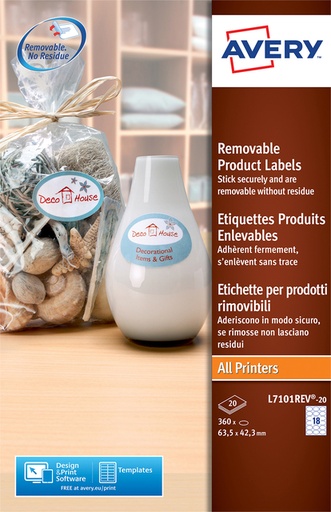 [811178] Etiquette amovible Avery L7101REV-20 63,5x42,3mm blanc mat 360pcs