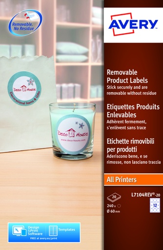 [811179] Etiquette Avery amovible L7104REV-20 60mm rond blanc 240 pièces