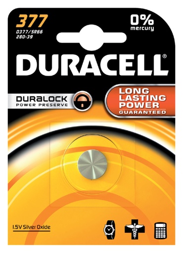 [413568] Pile bouton Duracell 377 oxyde d’argent Ø6,8mm 1,5V-18mA