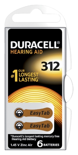 [413589] Pile Duracell Hearing DA312 Ø7,9mm 180mAh 6 pièces