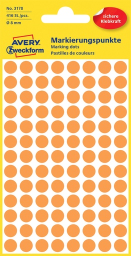 [811056] Etiket Avery 3178 rond 8mm oranje 416 stuks