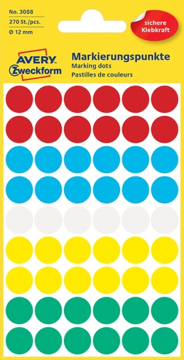 [811011] Etiquette Avery 3088 ronde 12mm assorti 270 étiquettes
