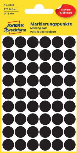 [811001] Etiket Avery 3140 rond 12mm zwart 270 stuks