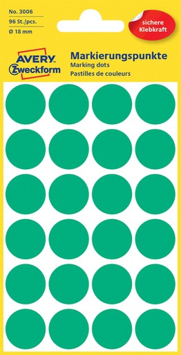 [811164] Etiket Avery 3006 rond 18mm groen 96 stuks