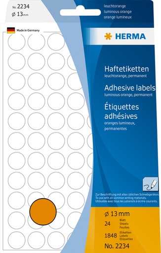 [816145] Etiquette HERMA 2234 rond 13mm orange fluo 2464 pièces