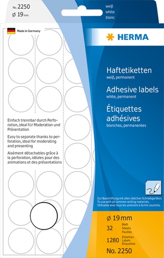 [816180] Etiket HERMA 2250 rond 19mm wit 1280 stuks