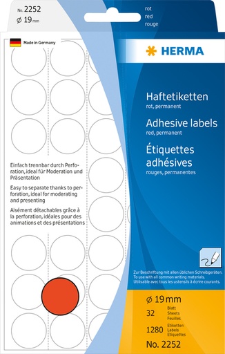 [816182] Etiquette HERMA 2252 rond 19mm rouge 1280 pièces