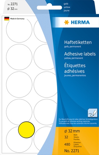 [816225] Etiquette HERMA 2271 rond 32mm jaune 480 pièces
