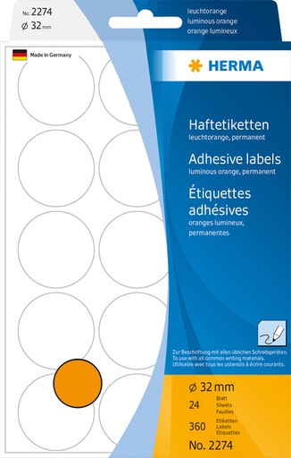 [816762] Etiket HERMA 2274 rond 32mm fluor oranje 360 stuks