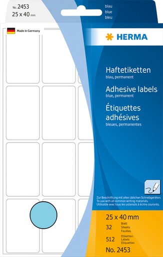 [816663] Etiket HERMA 2453 25x40mm blauw 512 stuks