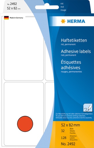 [816822] Etiquette HERMA 2492 52x82mm rouge 128 pièces