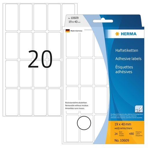 [816905] Etiquette amovible HERMA 10609 19x40mm blanc 480 pièces
