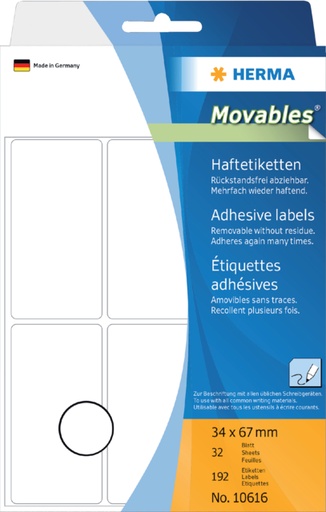 [816909] Etiquette amovible HERMA 10616 34x67mm 144 pièces