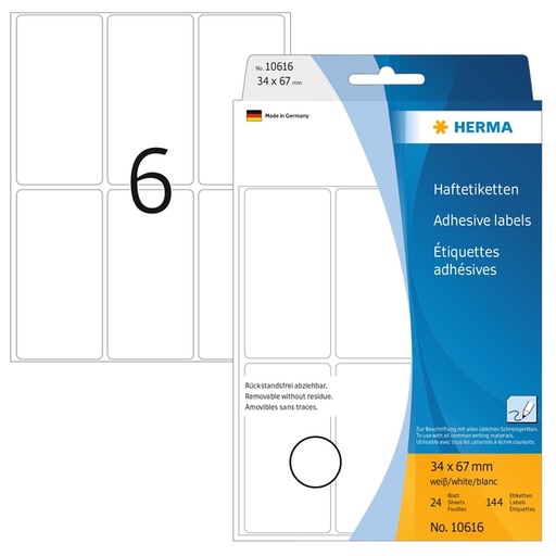 [816909] Etiquette amovible HERMA 10616 34x67mm blanc 144 pièces
