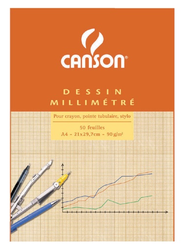 [744007] Bloc de papier millimétré Canson A4 impression marron clair 50 feuilles 90g blanc
