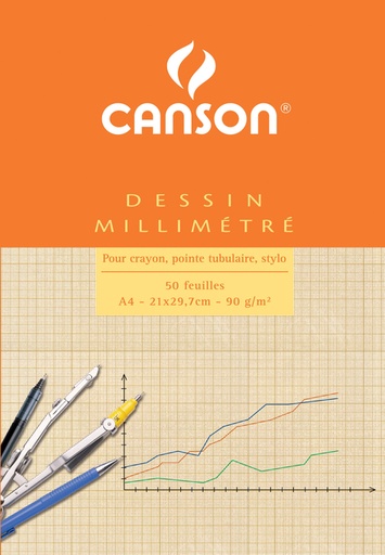 [744007] Bloc de papier millimétré Canson A4 impression marron clair 50 feuilles 90g blanc