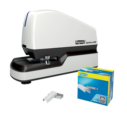 [303007] Agrafeuse Rapid Optima 60E électrique sans contact 60 feuilles blanc/noir
