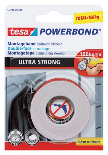 [836248] Plakband tesa® Powerbond Ultra Strong dubbelzijdig 1,5mx19mm wit