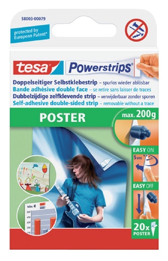 [802040] Bande adhésive double face tesa Powerstrips® Poster blister 20 pièces