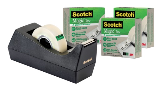 [801150] Plakbandhouder Scotch C38 recycled zwart + 3rol magic tape 900 19mmx33m