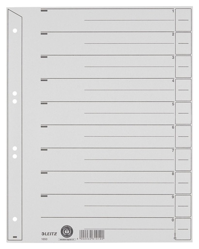 [504020] Intercalaires Leitz A4 carton 200g 6 perforations gris 100 pièces