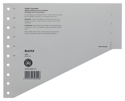 [504030] Scheidingsbladen Leitz A4 karton 200gr 11-gaats grijs 100 stuks
