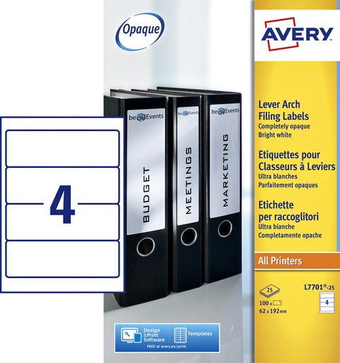 [817193] Etiquette dorsale Avery Large 62x192mm adhésive blanc 25 feuilles