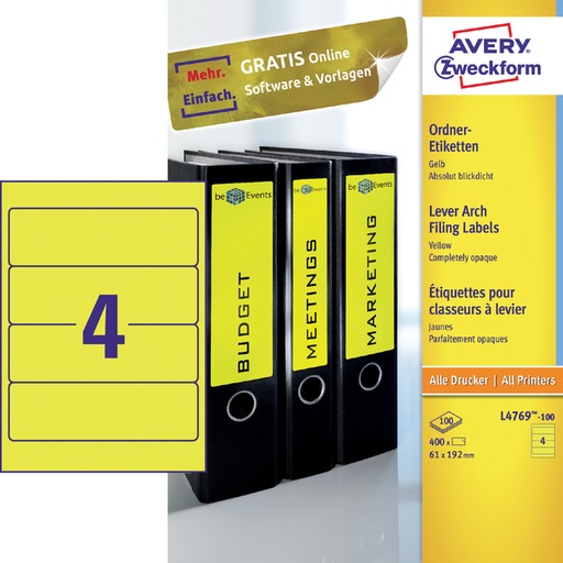 [817520] Etiquette dorsale Avery Large 61x192mm adhésive jaune 100 feuilles