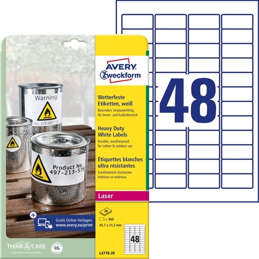 [811138] Etiquette film Avery L4778-20 45,7x21,2mm blanc 960 pièces