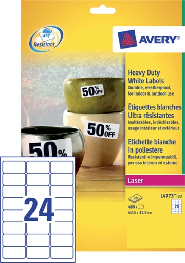 [811136] Etiquette film Avery L4773-20 63,5x33,9mm polyester blanc 480 pièces