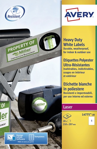 [817555] Etiquette Avery L4775-20 210x297mm polyester blanc 20 pièces