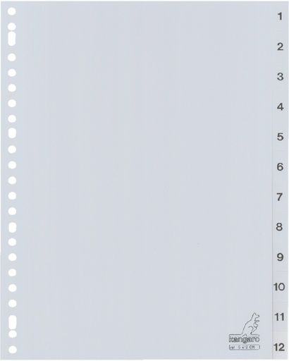 [272151] Intercalaire Kangaro G412CM A4 23 perforations numéro 1-12 PP gris