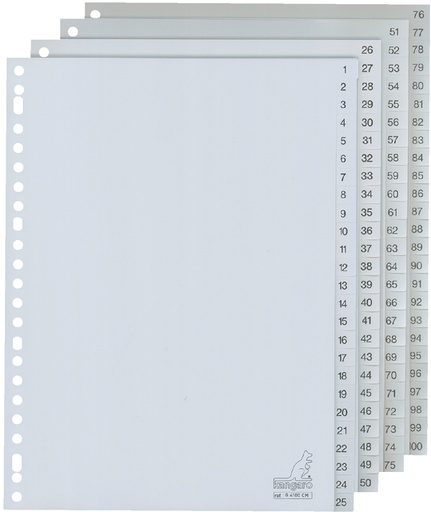 [273001] Intercalaire Kangaro G4100CM A4 23 perforations numéro 1-100 PP gris