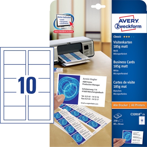 [541408] Carte de visite Avery Zweckform C32010-25 85x54mm 185g 250 pièces