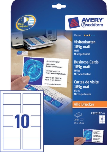 [541408] Carte de visite Avery Zweckform C32010-25 85x54mm 185g 250 pièces