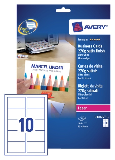 [541413] Carte de visite Avery C3026-25 2-faces 270g 250 pièces